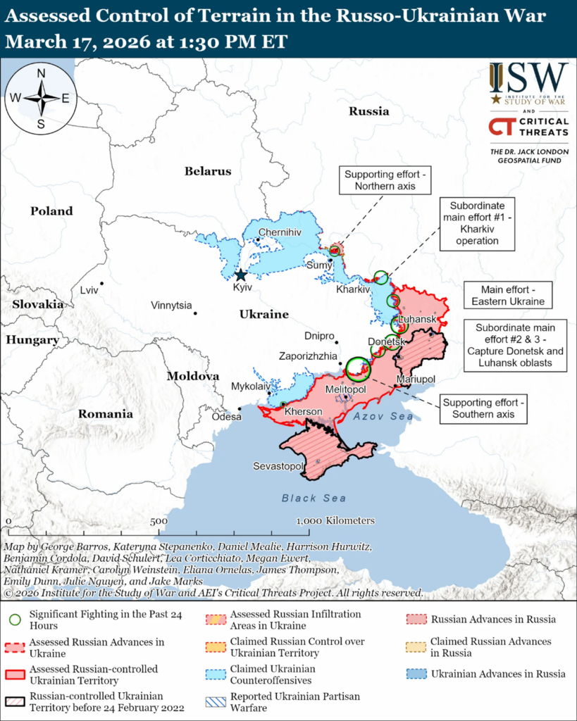 Source: Institute for the Study of War, March 17, 2026, Accessed March 18, 2026. https://understandingwar.org/research/russia-ukraine/russian-offensive-campaign-assessment-march-17-2026/
