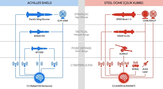 Multilayered Defence Architecture: Achilles Shield versus Steel Dome